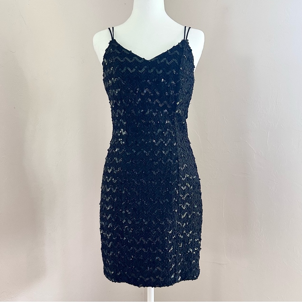 Vintage 1960s Low Back Sequined Black Cocktail Dress w/ Double Spaghetti Strap S